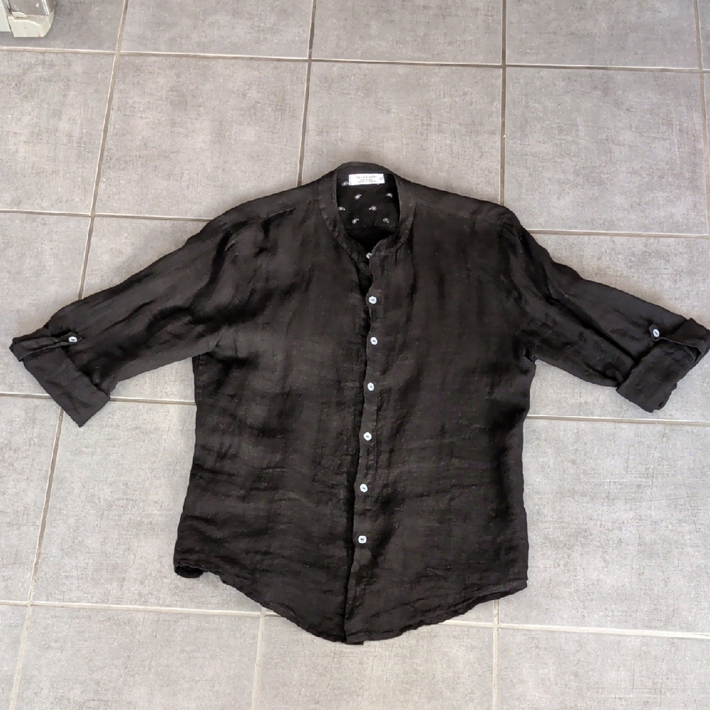 Men's Black Made In Italy 100% Linen Long Sleeve Shirt